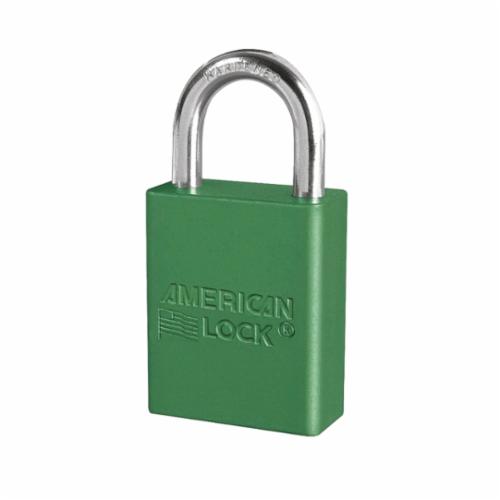 American Lock® A1105GRN Safety Padlock, Different Key, Green, Anodized Aluminum Body, 1/4 in Dia x 1 in H x 25/32 in W Polished Chrome Boron Alloy Steel Shackle, Conductive Conductivity