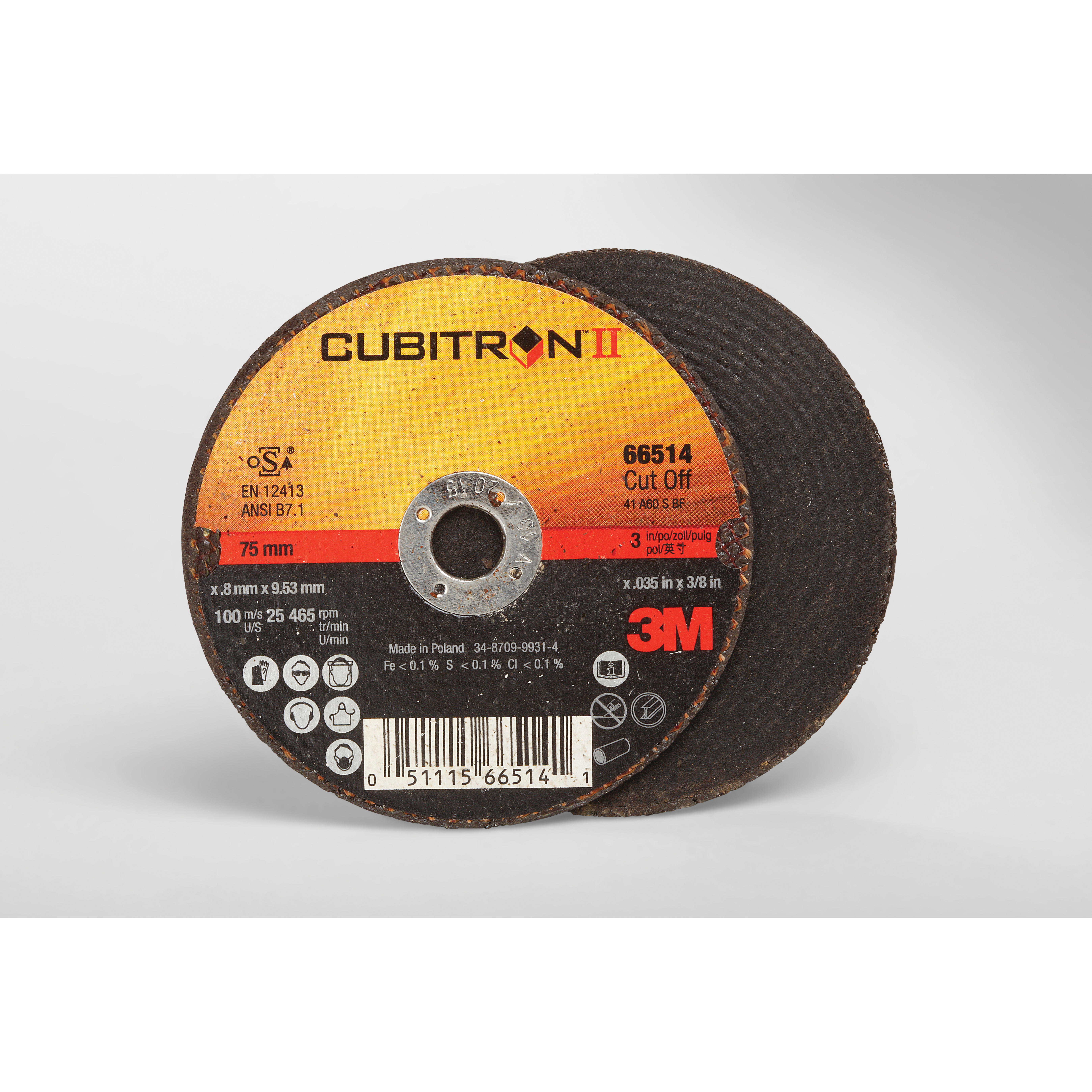 Cubitron™ II 051115-66514 Straight Cut-Off Wheel, 3 in Dia x 0.035 in THK, 3/8 in Center Hole, 60 Grit, Ceramic Abrasive