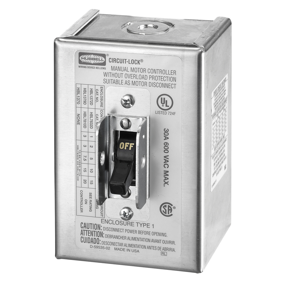 Wiring Device-Kellems Circuit-Lock® HBL1379D Enclosed Industrial Grade Manual Standard AC Motor Disconnect Switch, 600 VAC, 40 A, 3 Poles