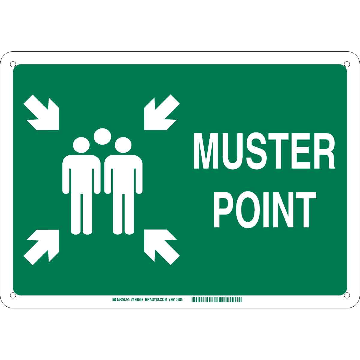 Brady® 139571 Rectangular Muster Point Sign, 10 in H x 14 in W, Green on White, B-401 Polystyrene, Corner Hole Mount