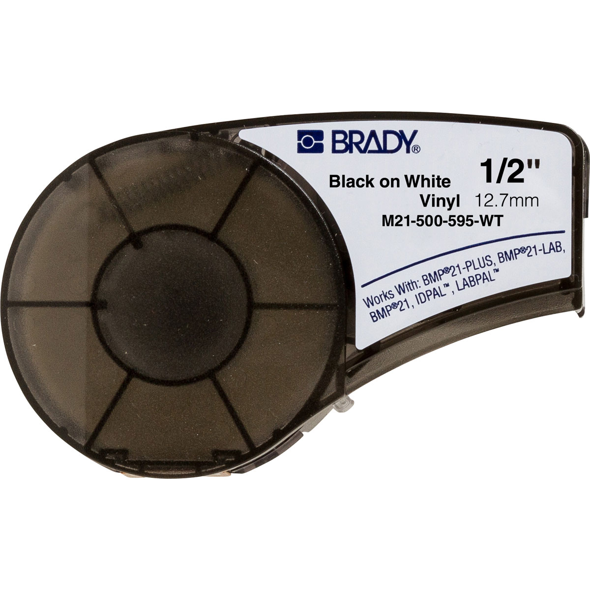 Brady® M21-500-595-WT BPM®21 Label Marker Cartridge, 21 ft L x 1/2 in W, For Use With BMP® 21 PLUS Portable Label Printers, IDPAL™ and LABPAL™ Handheld Label Maker, B-595 Vinyl, Black on White