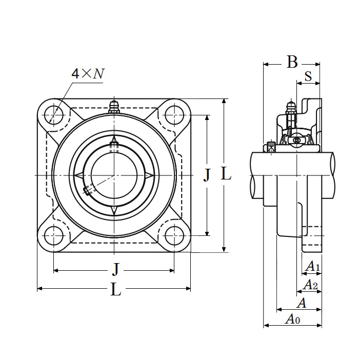 NTN UCF206-103D1 1-Piece Light Duty Ball Bearing Unit, 30.163 mm Dia Bore, 83 mm L Bolt Center-to-Center, 83 mm Dia Bolt Circle, 4-Bolt Square Flange Mount, 108 mm OAL/Dia