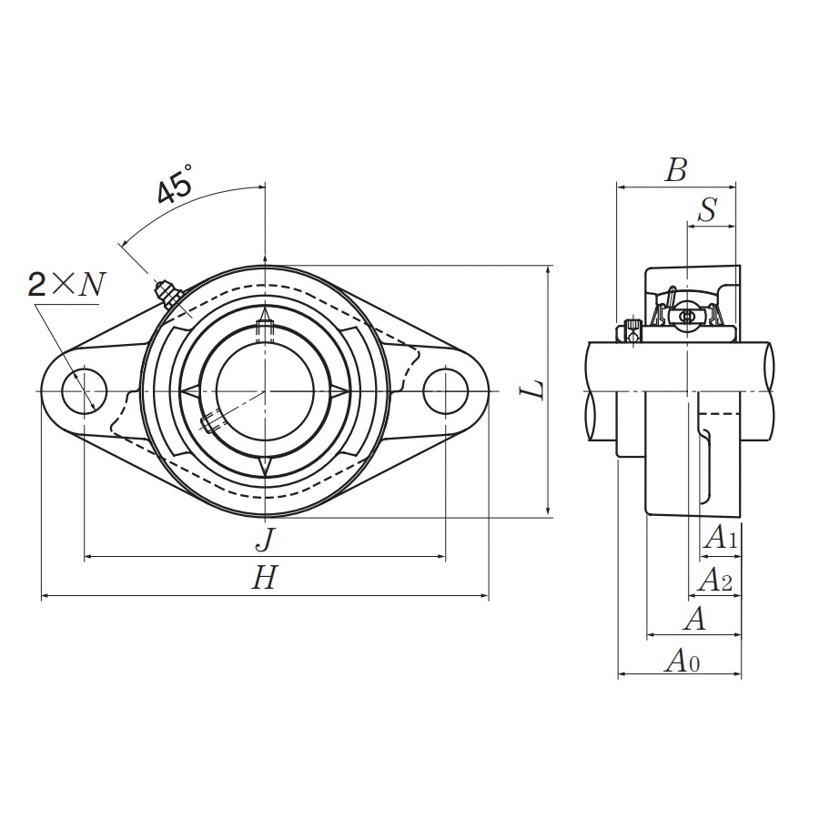 NTN UCFL206-103D1 1-Piece Light Duty Ball Bearing Unit, 30.163 mm Dia Bore, 117 mm L Bolt Center-to-Center, 117 mm Dia Bolt Circle, 2-Bolt Rhombus Flange Mount, 148 mm OAL/Dia