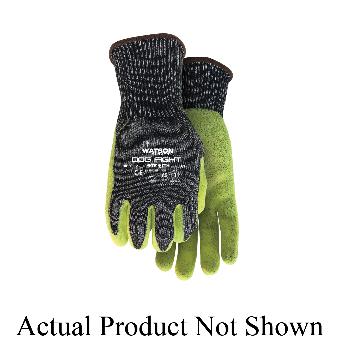 Stealth 357-M Dog Fight General Purpose Gloves, Coated, Open Back/Straight Thumb/Seamless Style, M, HPPE Shell Palm, Dyneema®/HPPE, Gray/Hi-Viz Yellow, Knit Wrist Cuff, Nitrile Coating, Resists: Abrasion, Blade Cut, Puncture and Tear